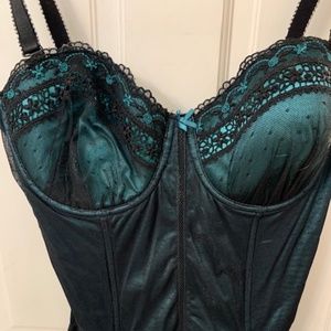 Teal and black corset.